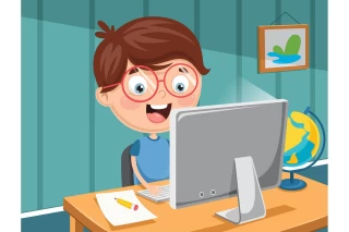 بچه کارتونی در حال کار با کامپیوتر