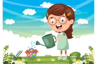 ایلوستریشن دختر بچه در حال آبیاری گل