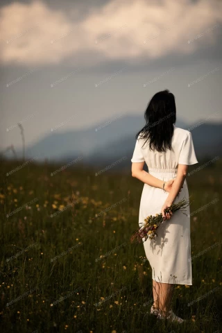 زنی با لباس سفید در حال نگاه به کوه