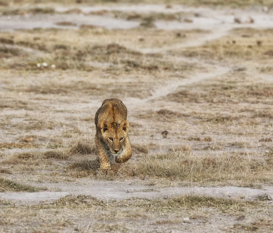 عکس استوک توله شیر در حال راه رفتن در صحرا