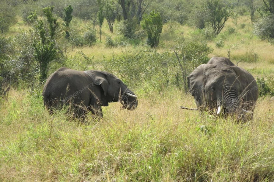 عکس استوک دو فیل در لابه لای علفزار