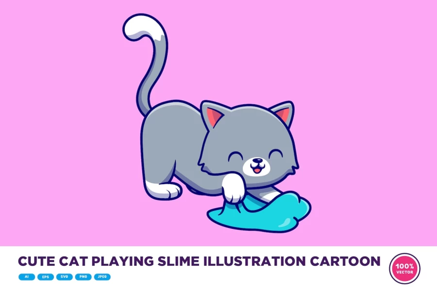 ایلوستریشن گربه کارتونی در حال بازی با اسلایم