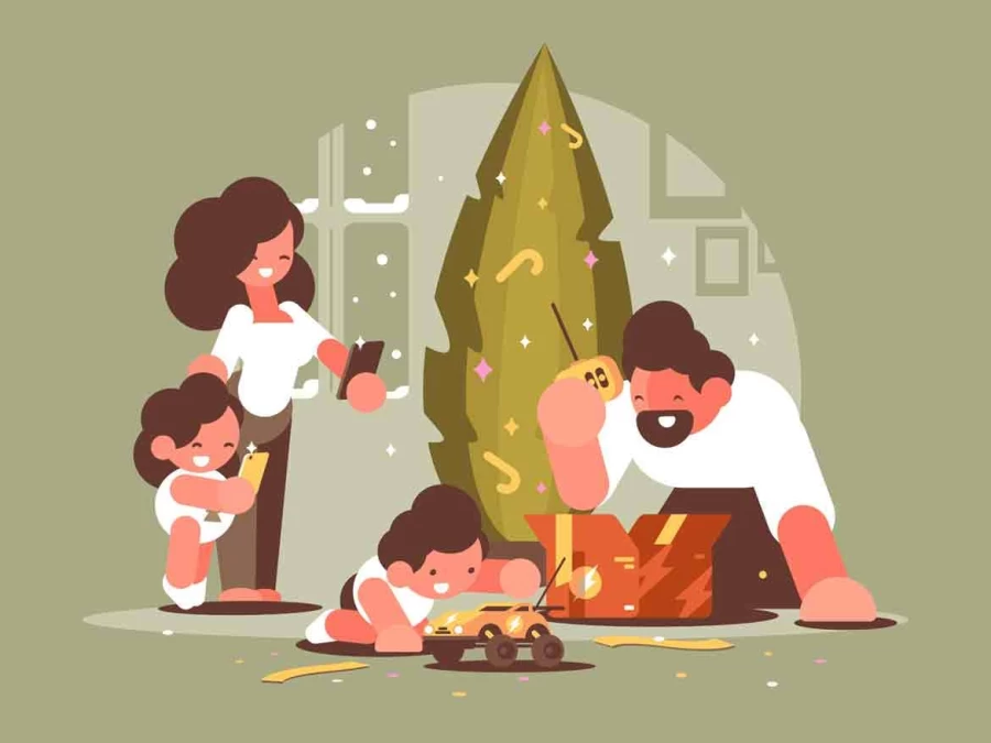 وکتور والدین و کودکان در حال باز کردن کادوی کریسمس