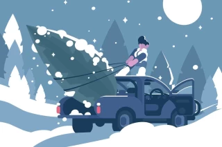 وکتور حمل درخت کریسمس با وانت در برف