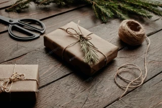 عکس استوک کادوی کریسمس با کاغذ کادوی کاهی در پس زمینه چوبی