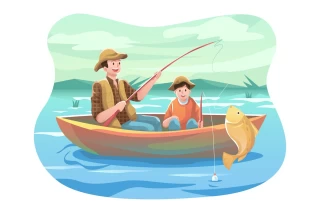 ایلوستریشن پدر و پسر ماهیگیر در قایق