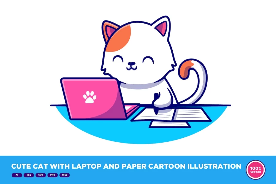 ایلوستریشن گربه کارتونی در حال کار کردن با لپ تاپ