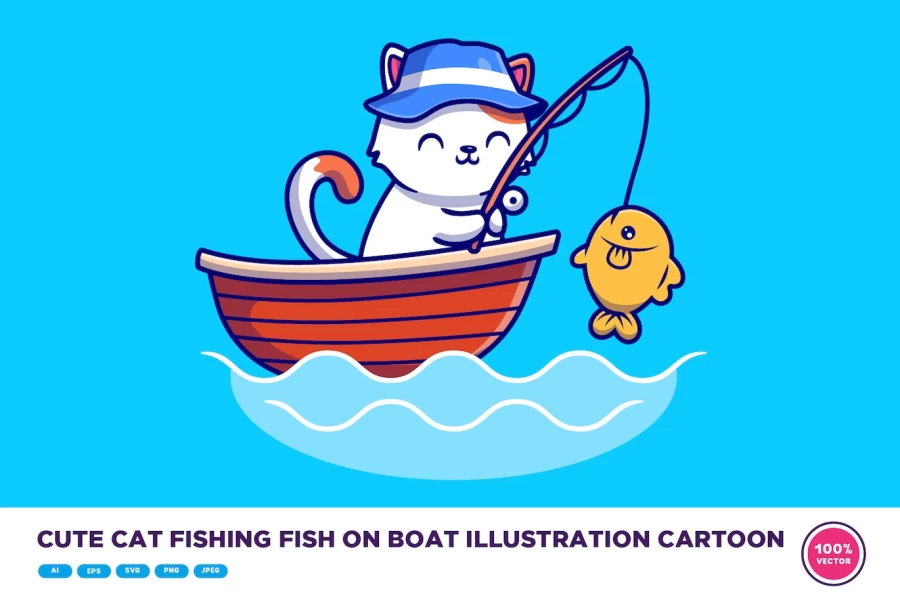 وکتور کارتونی گربه در حال ماهیگیری در دریا