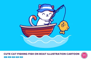 وکتور کارتونی گربه در حال ماهیگیری در دریا