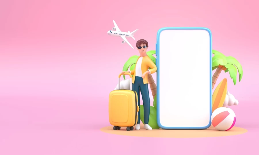 ایلوستریشن سه بعدی مسافر آقا با چمدان در کنار گوشی موبایل