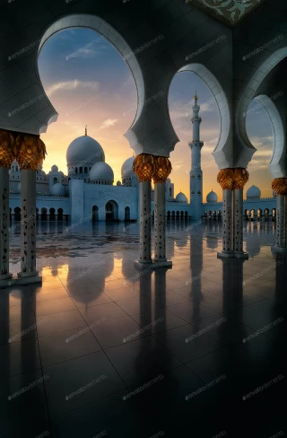 منظره غروب خورشید در مسجد ابوظبی امارات متحده عربی