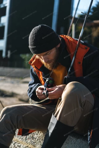 عکس استوک مرد ماهیگیر با چوب ماهیگیری و کلاه