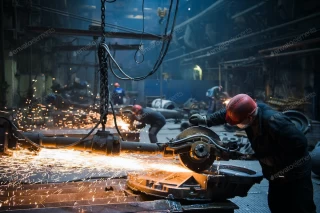 عکس کارگر در حال برش فولاد با اره در کارخانه