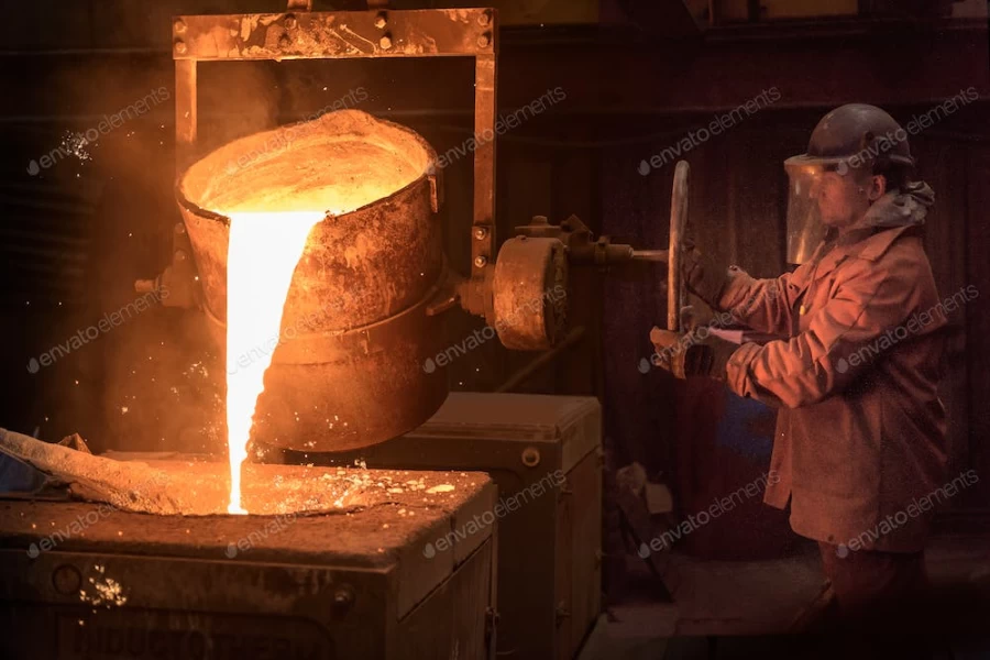 عکس استوک ریختن فلز مذاب در کارگاه صنعتی