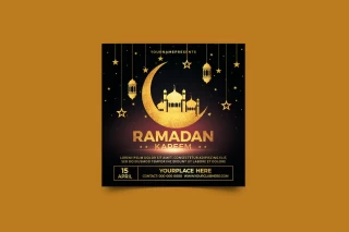 قالب آماده فلایر ماه رمضان با طرح ماه طلایی و فانوس و مسجد
