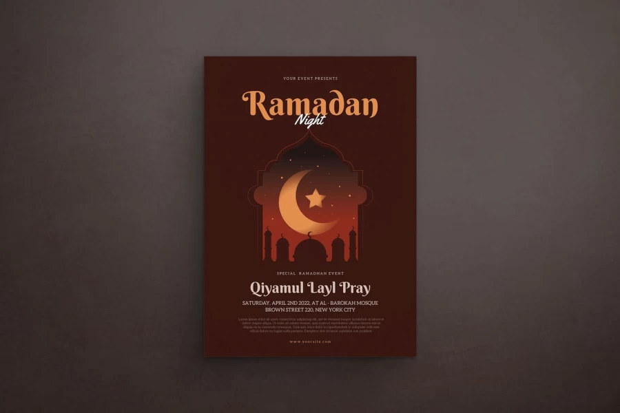 پوستر آماده ماه رمضان طرح ماه و مسجد با رنگ قهوه ای و قرمز